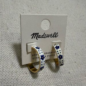 Madewell Blue Floral Enamel Hoop Earrings Gold Tone Statement Hoops